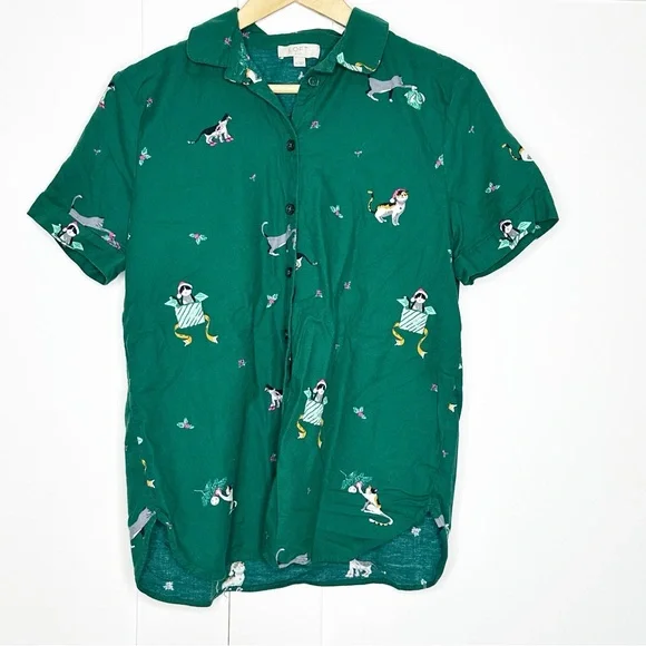 LOFT flannel kitten Cat Christmas pajamas Medium Green short sleeve pants button - Picture 8 of 16